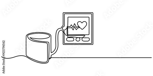 Continuous line drawing Human hand using tonometer to measure check blood pressure and pulse concept, Doctor measures the blood pressure patient. Vector illustration. Isolated on white background. 