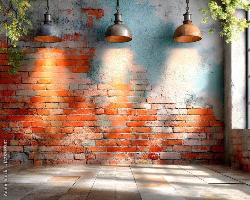 A red brick wall illuminated by directional studio lighting, casting dramatic shadows across an empty floor, perfect for backgrounds or design mockups.