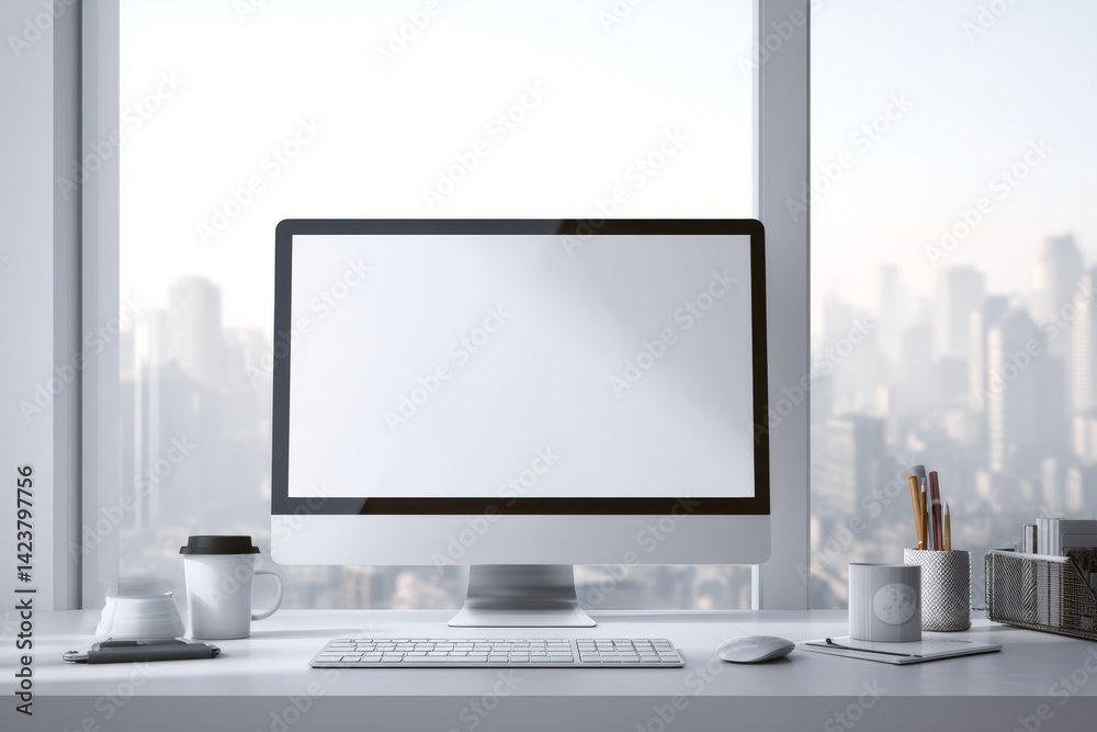 Fototapeta premium Modern Desk Setup: Clean Workspace, Productivity, Efficiency, Organization, Design, Aesthetics, Minimalist, Technology, Comfort