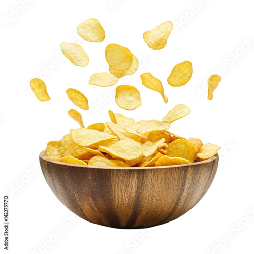 Crispy golden chips in wooden bowl food photography for packaging and advertising