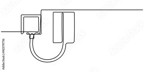 Continuous line drawing Human hand using tonometer to measure check blood pressure and pulse concept, Doctor measures the blood pressure patient. Vector illustration. Isolated on white background. 