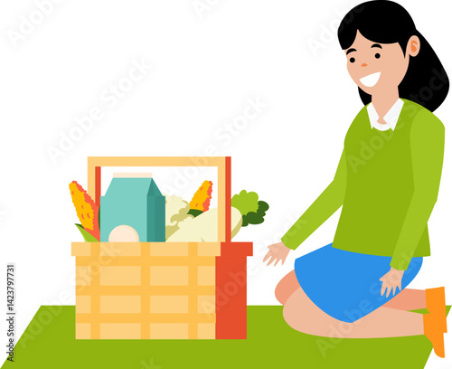 Illustration of Woman with Grocery Basket