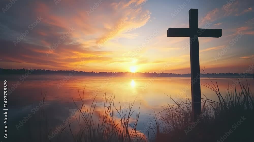 Serene Sunset Reflection Over Water with Cross Silhouette Serene Sunset Reflection Over Water with Cross Silhouette
