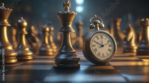 chessboard with clock and king crowned, strategic aesthetic