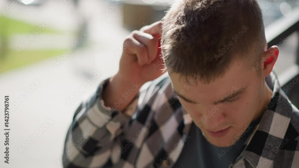 top down view of student in plaid shirt on balcony metal staircase pauses removing cigarette from ear flicks lighter ignites tip with sunlit sparks against blurred bokeh and greenery backdrop top down view of student in plaid shirt on balcony metal staircase pauses removing cigarette from ear flicks lighter ignites tip with sunlit sparks against blurred bokeh and greenery backdrop