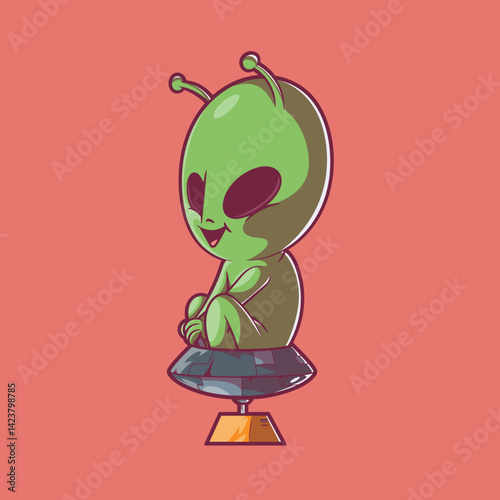 An Alien Character riding a kids' spacechip coin machine vector illustration. Space, tech design concept