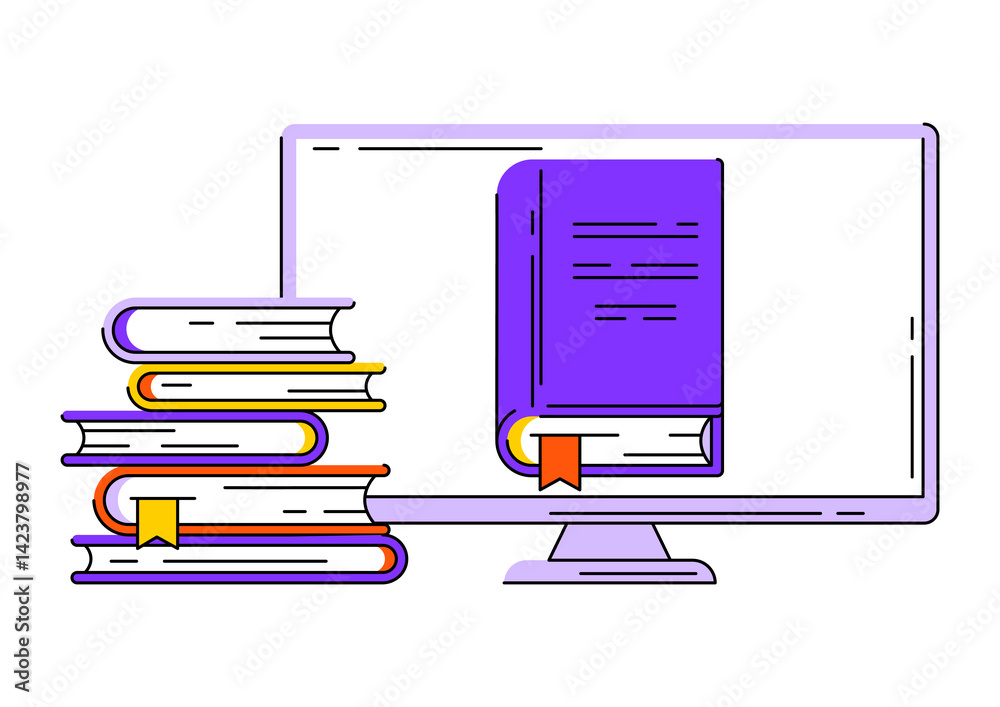 Monitor with books. Digital library concept.