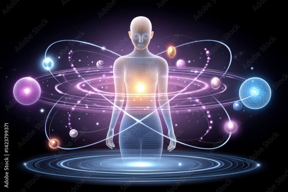 Fototapeta premium Cosmic unity represented by circle of elements around one figure