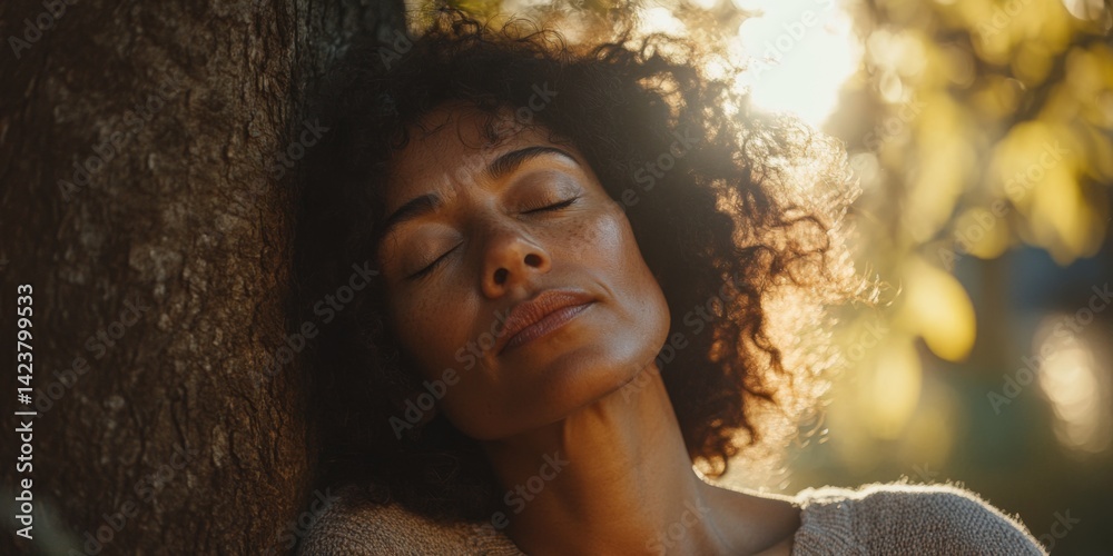 A serene moment captured in nature. A woman enjoys peace under a tree. Soft sunlight highlights her features. This image symbolizes tranquility and connection. AI