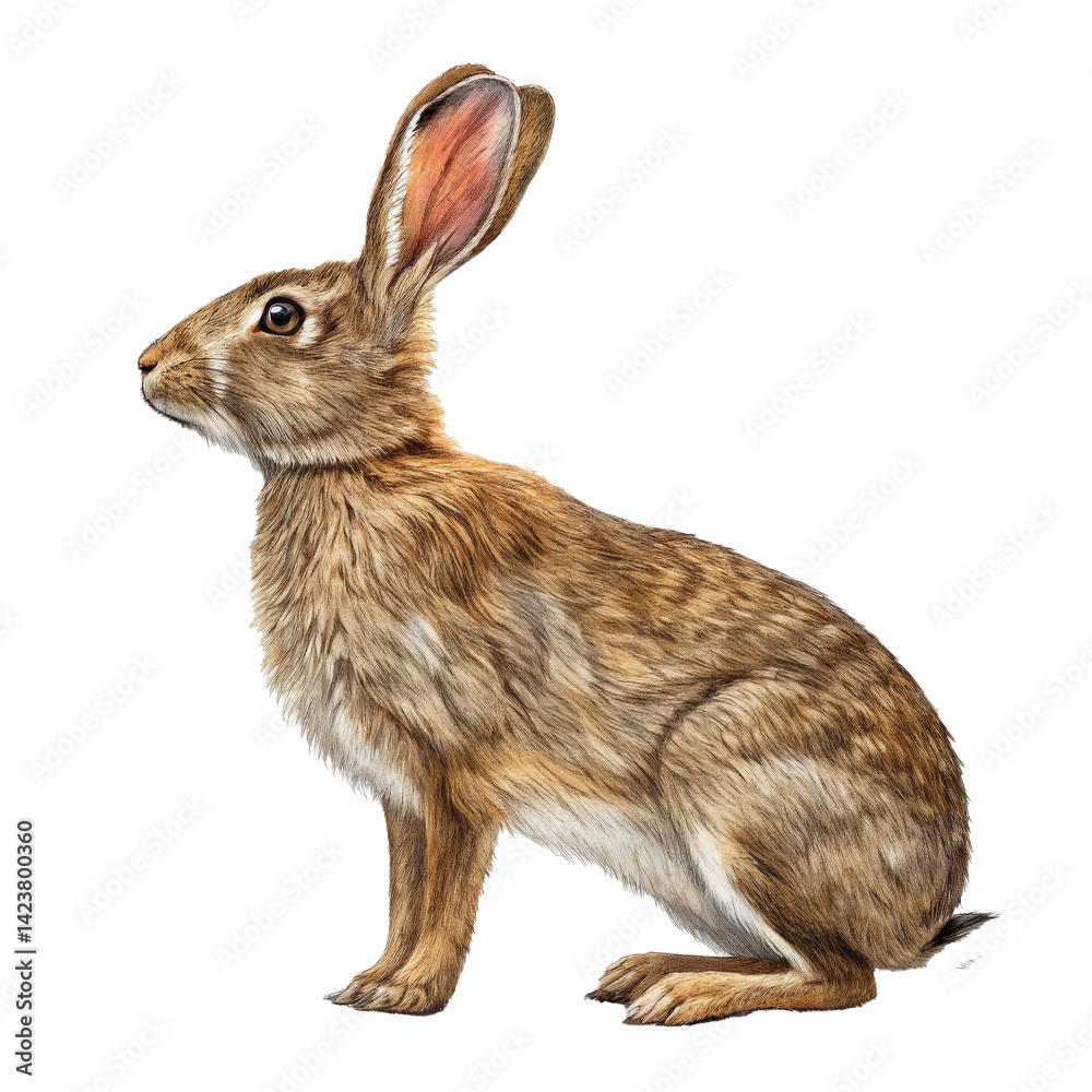 Obraz premium realistic illustration of rabbit with detailed fur texture, sitting upright and alert. rabbit natural colors and lifelike features are captured beautifully