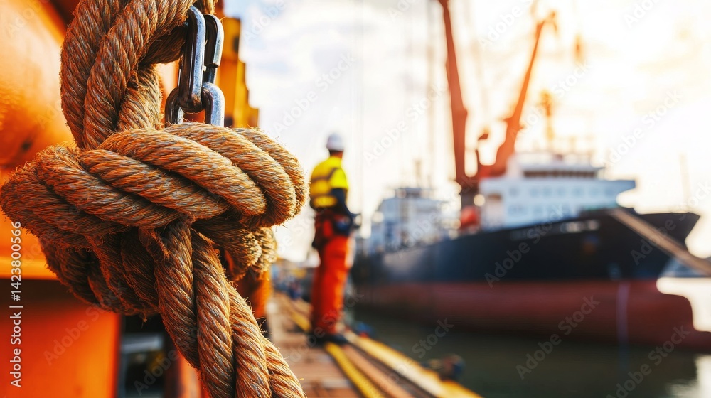 Obraz premium Close-up of safety rope and carabiner on a construction site under natural daylight, with a docked ship and blurred worker in background, emphasizing industrial protection and marine engineering.