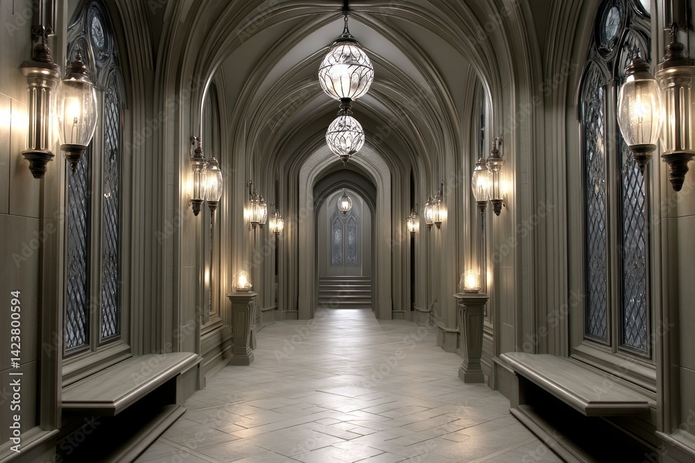Obraz premium Gothic hall of honor with torches and ancient stone statues