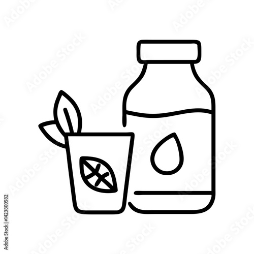 Illustration of herbal drink with bottle and leaf, natural medicine and healthy lifestyle concept
