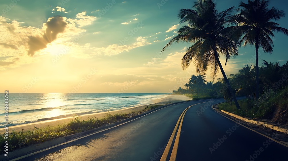 Fototapeta premium Coastal Road at Sunset: A Tropical Paradise