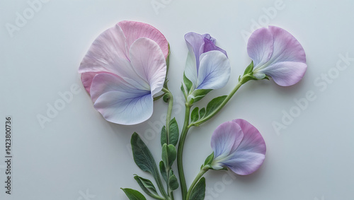 Sweet Pea Flowers Arrangement On White Background In Pastel Shades Top View