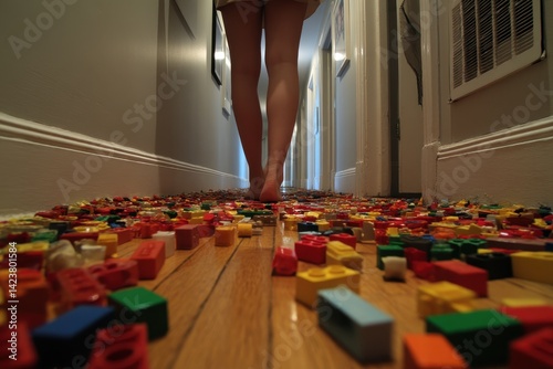 Stepping on small toy barefoot in hallway sudden surprise pain playful clutter realism
