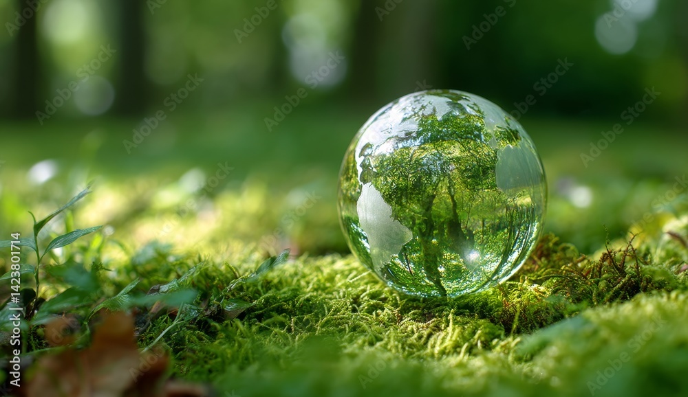 Glass Globe Reflecting Lush Forest: A Symbol of Environmental Harmony and Sustainability Glass Globe Reflecting Lush Forest: A Symbol of Environmental Harmony and Sustainability