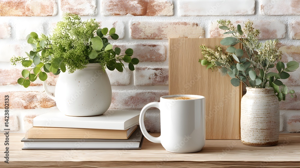 A cozy and minimal workspace setup with a coffee mug and notebook on a table, set against a textured brick wall backdrop.