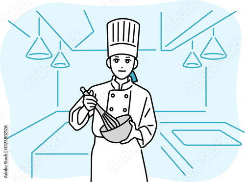 泡だて器で混ぜている女性の料理人