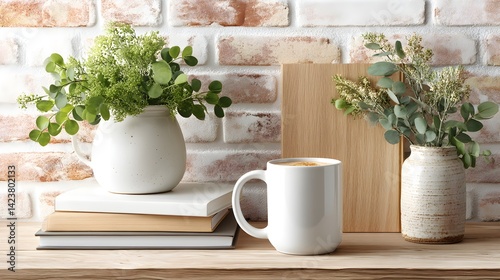 Obraz na płótnie A cozy and minimal workspace setup with a coffee mug and notebook on a table, set against a textured brick wall backdrop. w salonie