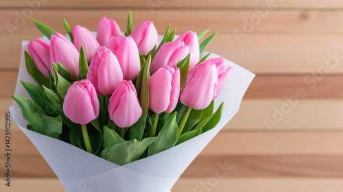 beautiful bouquet of pink tulips wrapped in white paper, showcasing their vibrant color and fresh green leaves. This arrangement brings sense of joy and elegance to any setting