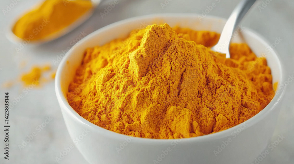 Fragrant turmeric powder in a pristine white bowl, ready to infuse culinary delights Fragrant turmeric powder in a pristine white bowl, ready to infuse culinary delights