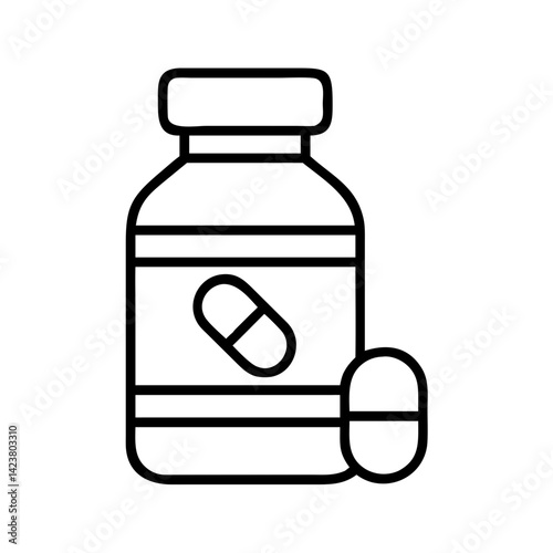 Outline medicine bottle with capsule, healthcare, pharmaceutical product, medical treatment, remedy, drug, pill
