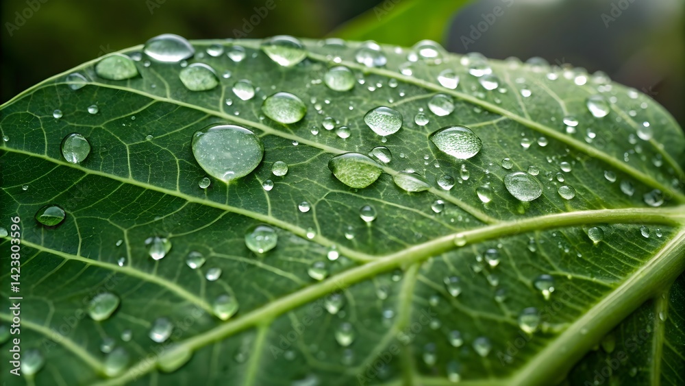 Green leaf with water drops on surface. Macro nature photography. Plant hydration and eco freshness concept for print, wallpaper, banner, card.