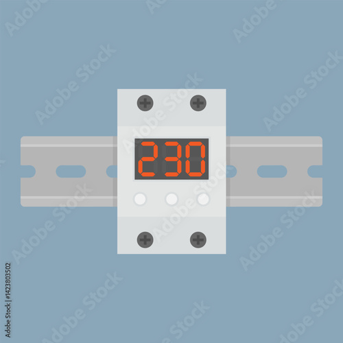Voltage relay mounted on a 35mm DIN rail. Vector illustration