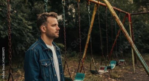 Young caucasian male in denim jacket standing by empty swings in a park