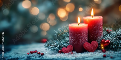Red candles lit on a snowy table surrounded by festive decorations and hearts in a warm atmosphere