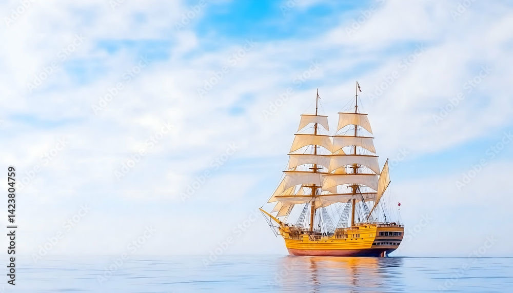 Obraz premium Golden sailing ship on calm ocean under a bright sky