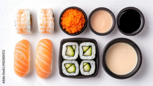 Overhead shot of assorted sushi, including maki and nigiri, served with various dipping sauces and tobiko