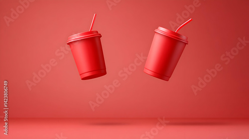 Two red disposable cups with straws levitate against a matching backdrop