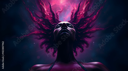 Surreal Cosmic Goddess with Glowing Hair in Futuristic Fantasy Realm
