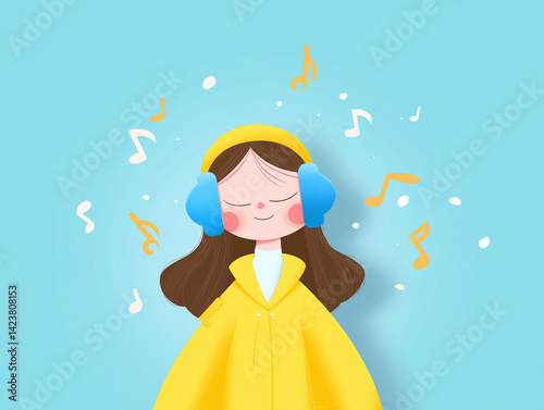 Girl enjoying music with colorful background.