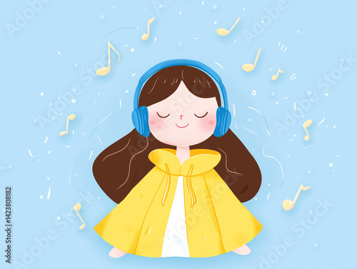 Girl enjoying music with headphones in serenity.