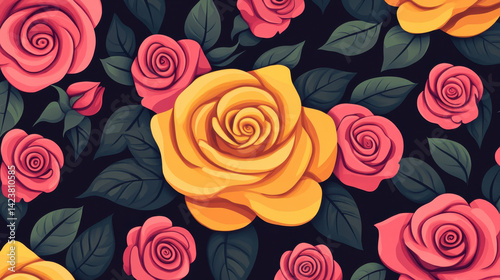 vibrant pattern featuring large pink and yellow roses surrounded by smaller pink roses and lush green leaves, creating lively and cheerful atmosphere