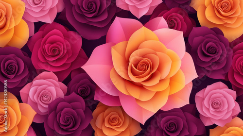 Vibrant and colorful roses in various shades of pink, yellow, and purple create stunning floral pattern that evokes feelings of beauty and joy. This artwork showcases elegance of nature blooms