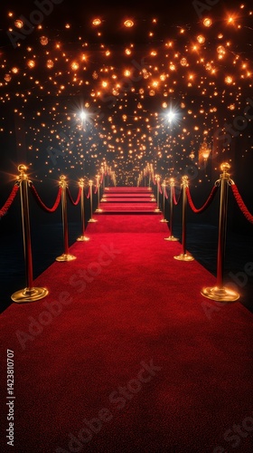 Lush red carpet path leading to a glamourous gala with sparkling lights overhead in an elegant venue