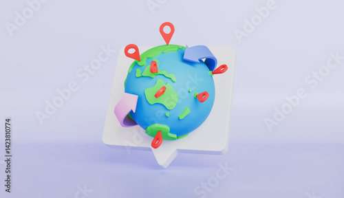 Earth globe with pin points, delivery tracking, product shipping out from world map, pin location point marker of shipment photo