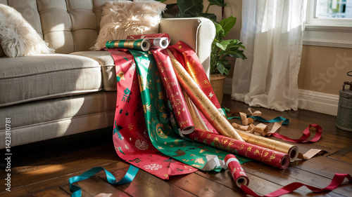 A roll of wrapping paper falls off the couch