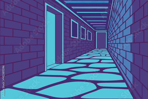 Neon Hallway Illustration Surreal Cartoon Corridor in Purple & Blue Tones