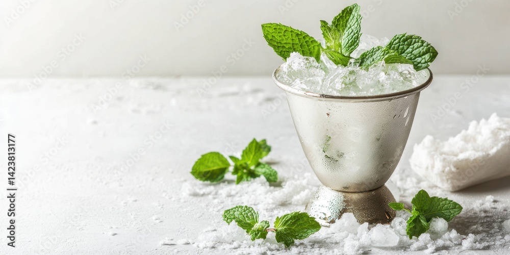 Refreshing mojito with crushed ice and fresh mint in silver chalice National Mint Julep Day