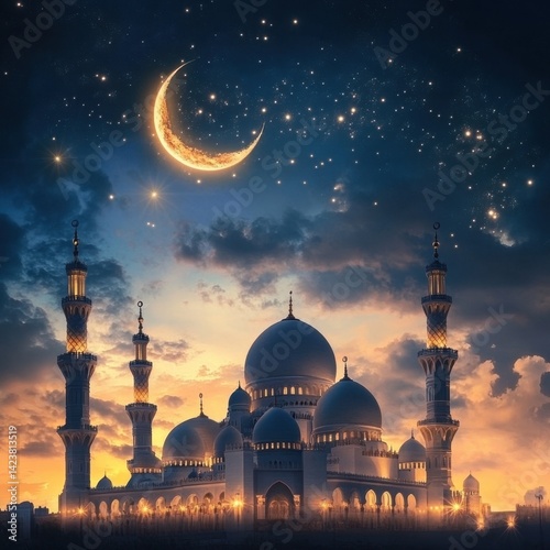 Majestic mosque under crescent moon and starry sky at sunset for ramadan celebration