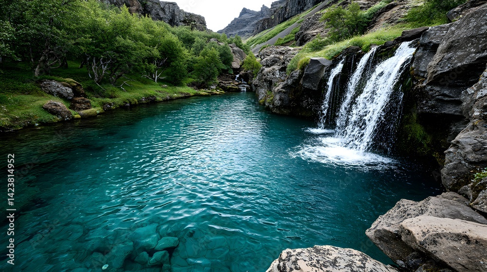 Fototapeta premium Icelandic river cascading into a turquoise pool.