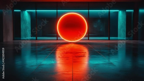 Futuristic glowing red orb in a reflective sci-fi room with blue ambient lighting