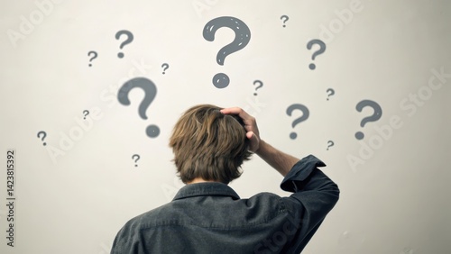 Confused person pondering surrounded by question marks on a gray background.
