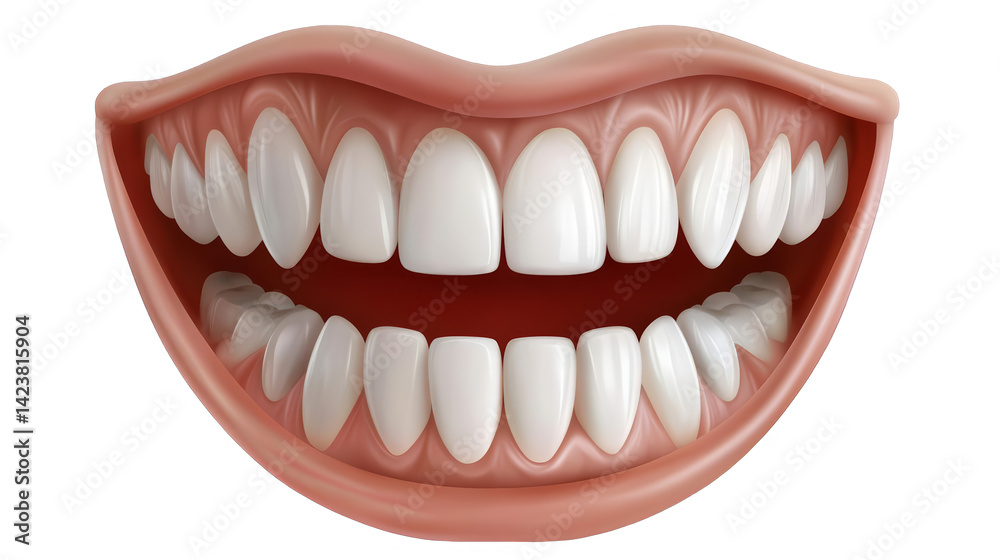 3D Illustration of a Perfect Set of White Teeth in a Smiling Mouth Transparent Background 3D Illustration of a Perfect Set of White Teeth in a Smiling Mouth Transparent Background