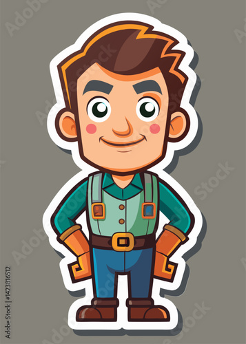 Friendly cartoon worker stands ready.